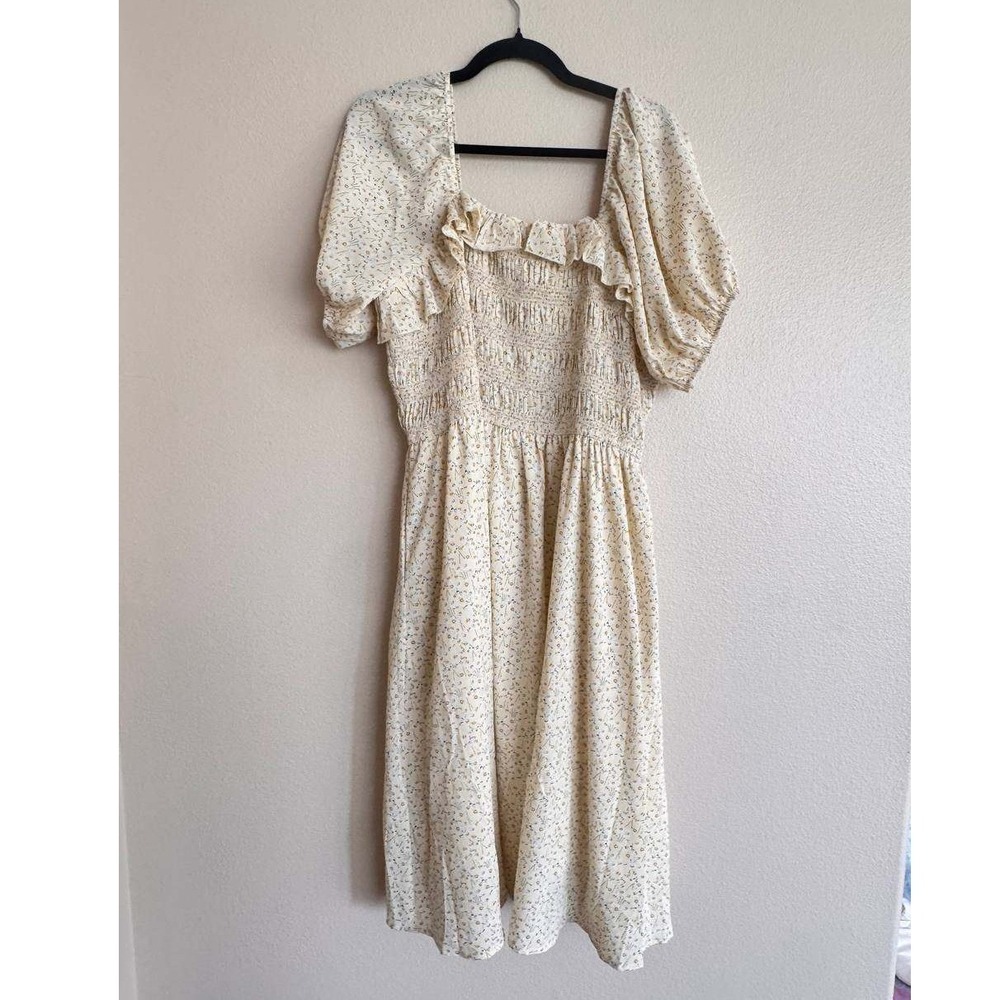 Ivy City Co Cream Floral Smocked Puff Sleeve Whimsical Midi Dress Cottagecore 2X